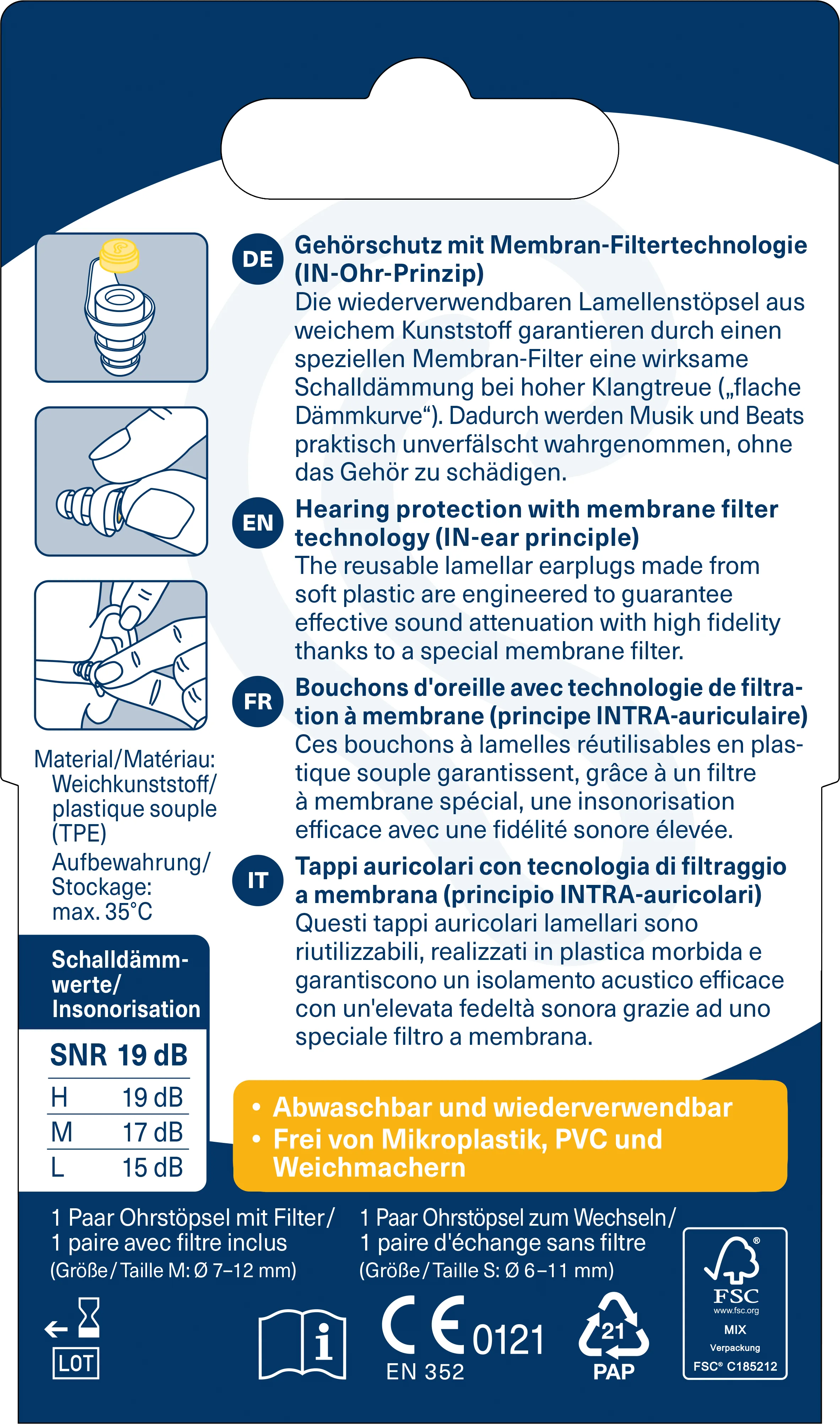 Verso da embalagem OHROPAX Music com instruções impressas
