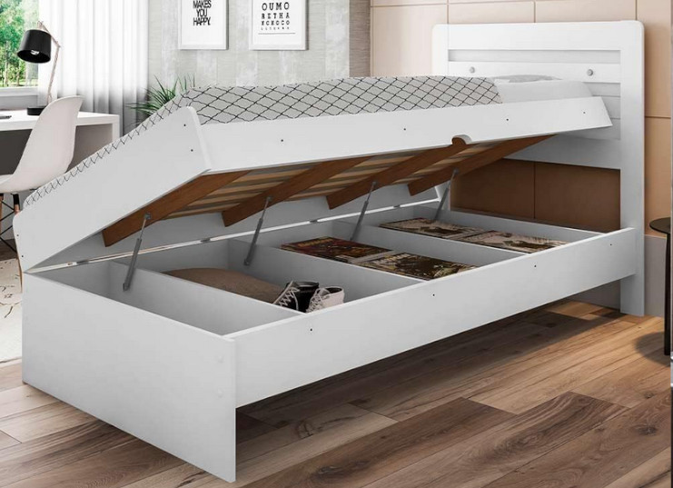 Cama Solteiro Baú Branco - Framar Larissa